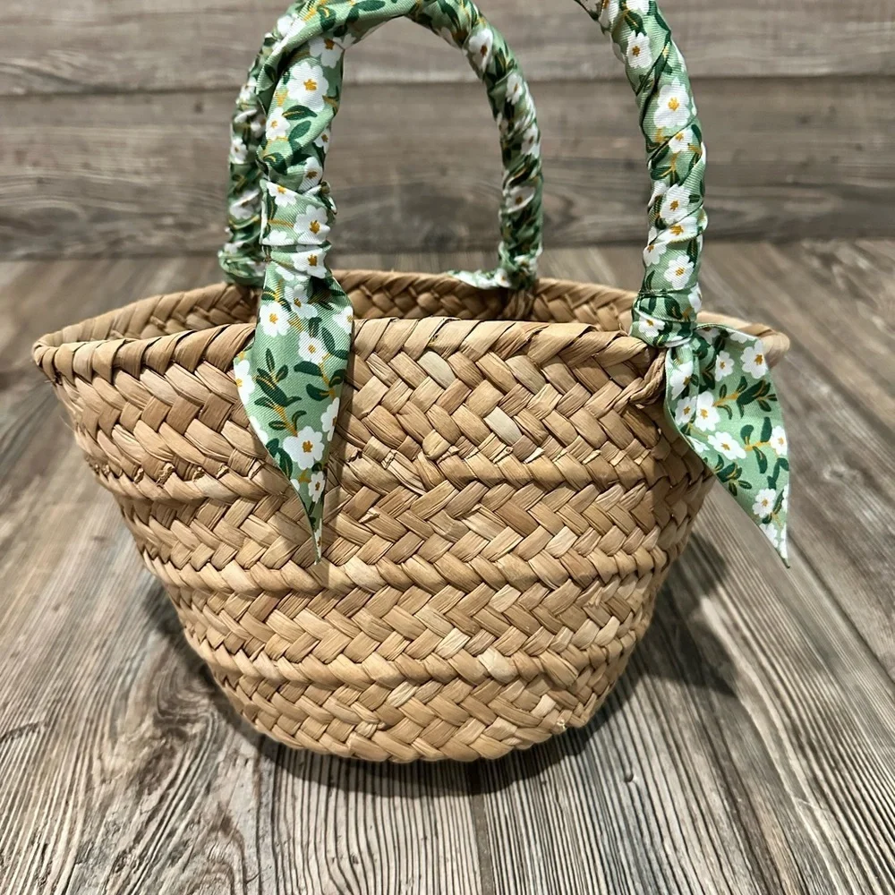 Kayu Green Floral Mini Natalie Woven Straw Tote with Green Scarf-Handle